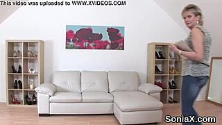 European wife Sonia reveals her ample bosom in a risqué video