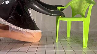 Cleaning A In A Pvc Maid Outfit Dangling Shoes