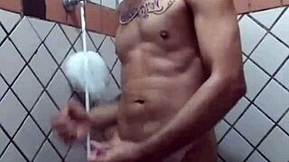 Amateur gay masturbates in factory bathroom