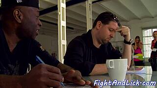 Stockinged European Babe Wrestles and Licks Hairy Pussy