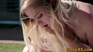 Young blonde babe takes on monster cock in outdoor garage session