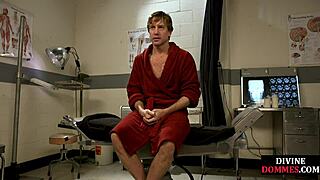 Strict busty nurse domme punishing sub with her whip in hospital.