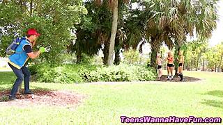 costumed teen 18+s get spunked in hardcore group facial