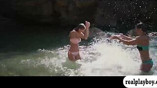 glamour brunette and blonde babes lick and finger each other's pussies