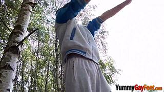 hey, check this gay twink jacking off and cumming hard outdoors