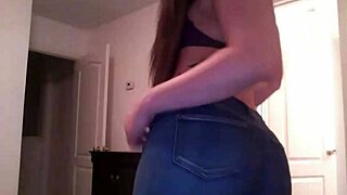 The tightest jeans ever ripped off this brunette slut