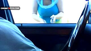 Chubby BBW gives blowjob and handjob at carwash for cumshot