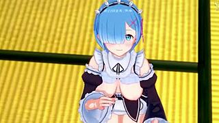 Loving Rem guides your handjob in anime atmosphere