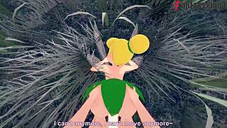 Tinker bell engages in intimate moments as another fairy observes, Peter Pan's shorts in crimson
