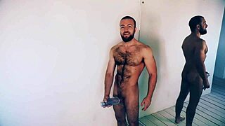 Doc Johnson's Main Squeeze masturbator in action on hairy chest and tits