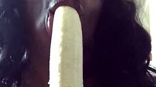 Milf sexfeene dicksucks banana while choking on big cock