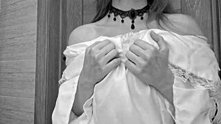 a big girl in dress and stockings gets pussy cum load