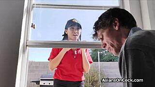 Delivery woman from Asian gets a three woman experience with oral sex and deep penetration.