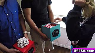 Naughty Teens Unwrap a Surprise Dick in a Box for Wild 4some