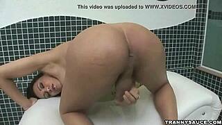 yummy brunette shemale babe slowly tugging on her hard cock