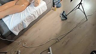 Young Beautiful Girl with Big Natural Tits Screams in Orgasm During Oily Body Massage by Photographer