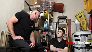 harrison todd, the handsome hunk security man, fucks twink suspect greg dixxon bareback in the garage 😏