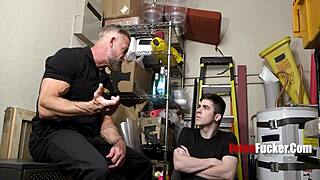 harrison todd, the handsome hunk security man, fucks twink suspect greg dixxon bareback in the garage 😏