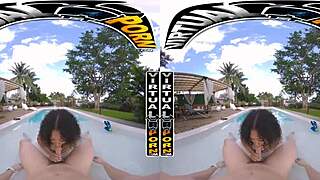 Virtual reality porn with a black beauty, Skyla Suns, having sex outside next to the pool