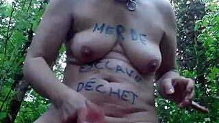 hey, this whore slut masturbates in outdoor bdsm forest