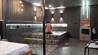 in the bathtub, wild sex with brunette and big black cock