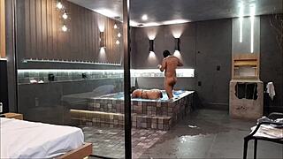 in the bathtub, wild sex with brunette and big black cock