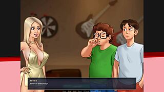 In Summertime Saga, this blonde babe throws a party and ends up getting a big facial from her friends.