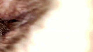 Big black cock cums in hairy amateur's ass