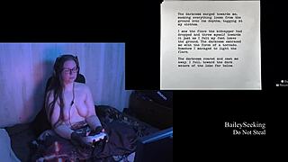 Beautiful woman with natural large breasts and long hair plays through Alan Wake