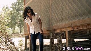 Skinny Brunette Lesbian Babe Performs Oral on Her Beautiful Partner's Small Tits