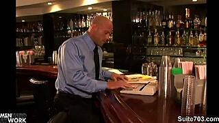 Hottie long haired gay sucks big cock at work