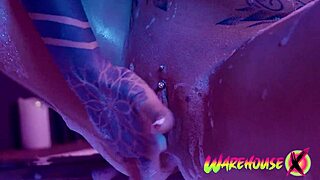 Inked german babe masturbates tight pussy in bathtub or outdoor warehouse
