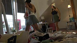 Trying on the tiniest thongs and see-through leggings for fun