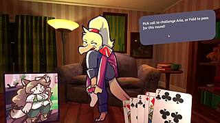 Two chicks play furry strip poker game