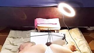 Fat woman undresses, bends over in doggystyle, gets anal with dildo, panties ripped