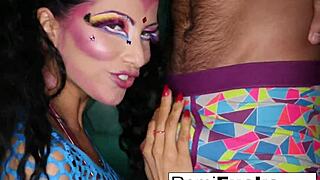 romi rain engages in an intense oral performance with a large partner