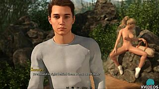 Beautiful women with red hair and big breast enjoy a shower in the woods