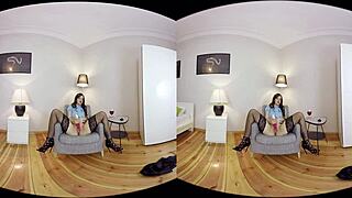 See how a beautiful brunette makes her fantasy come true in this 180-degree VR porn