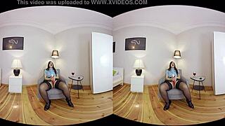 See how a beautiful brunette makes her fantasy come true in this 180-degree VR porn