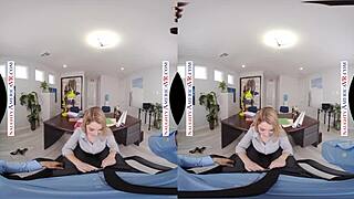 Abby Adams in stockings fucks you POV in the office, leading to handjob and cum.