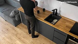 Early morning kitchen strap-on action with anal domination