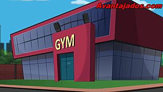 Cartoon shows gay old man working out at the gym