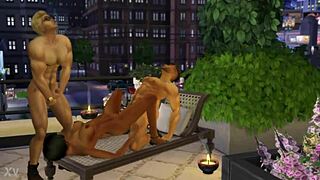 This hot sims 4 threesome features a slut and two muscle studs in summer heat