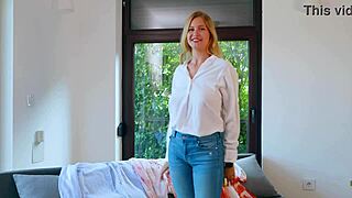 the cute blonde actress models her dresses before going for a walk