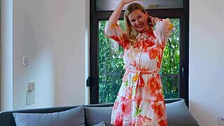 the cute blonde actress models her dresses before going for a walk