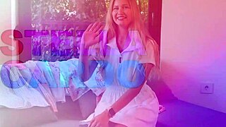 the cute blonde actress models her dresses before going for a walk