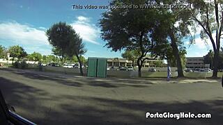 Porta Gloryhole Redhead’s Mouth PUMPED FULL of Sticky Cum