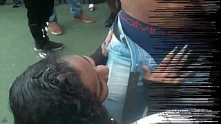 lucky guy gets triple blowjob at party with everyone watching