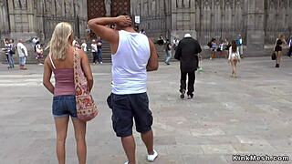 Public outdoor hardcore sex with a shaven naked girl