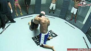 blonde slut with natural tits fucks in a boxing ring